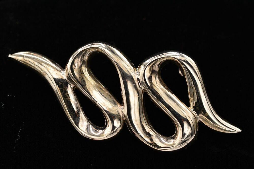 Vintage Ribbon Pin Brooch Swirl Silver Tone Metal Chunky Abstract Bold 80s Bin4